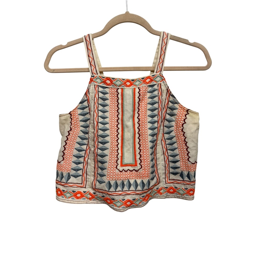 Anthropologie Embroidered Halter Tank Top Size 2 Boho Geometric Orange Blue